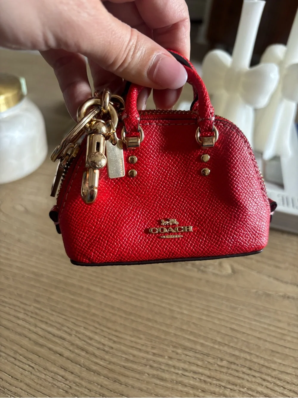 COACH Red Mini Dome Leather Bag Charm with Gold Hardware